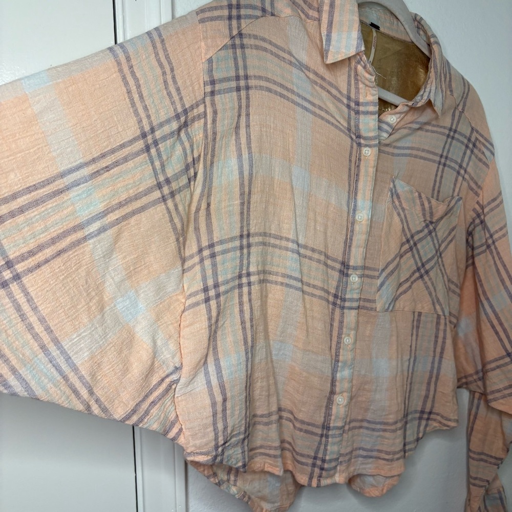 Free People Cutie Cropped Plaid Shirt Oversized Dolman Sleeve Top Size Medium - Picture 7 of 16